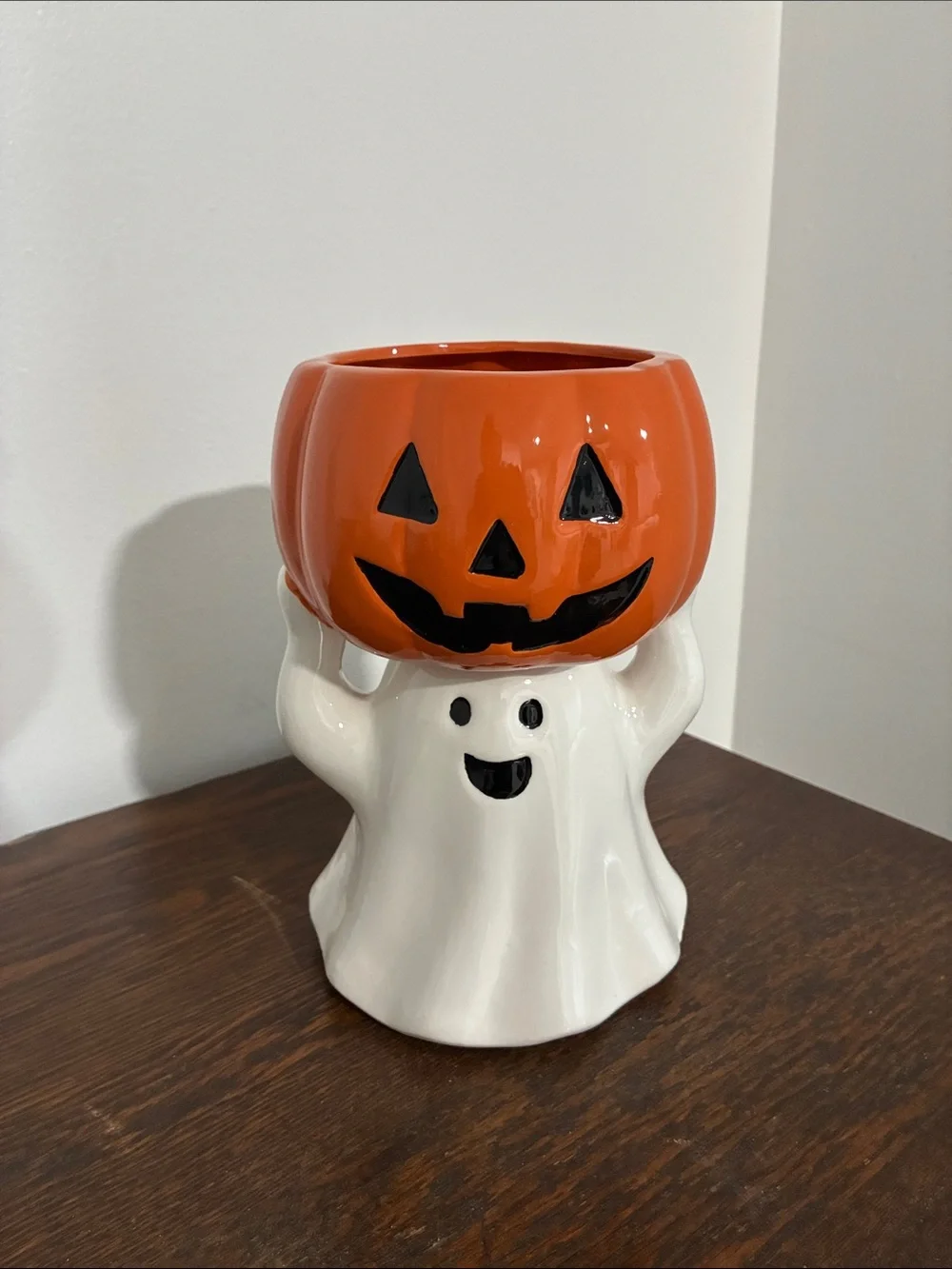 NWT- Hand Painted Ceramic Halloween Ghost & Jack-o-lantern Pumpkin Candy Bowl